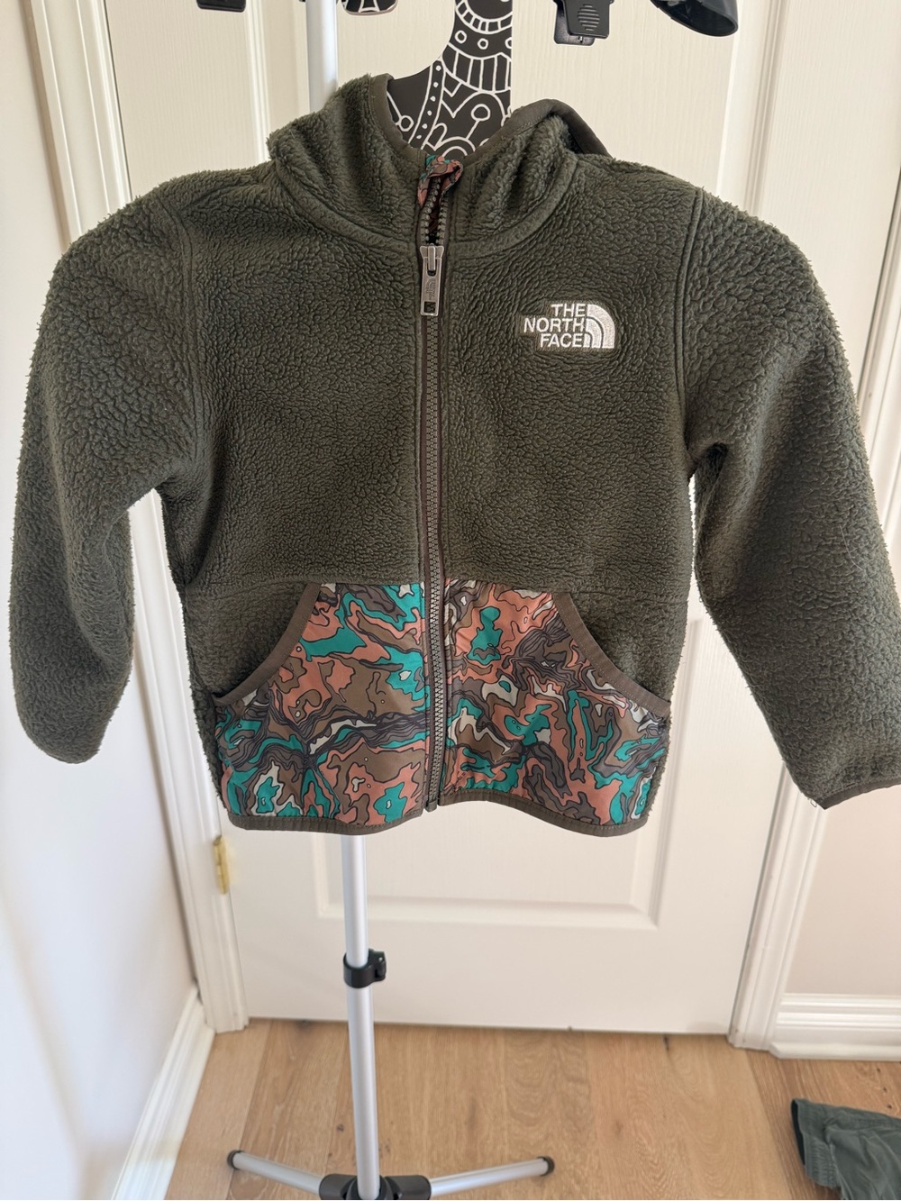 The North Face Kids Olive Green Hooded Sherpa Puffer with Patterned Pocket Trim